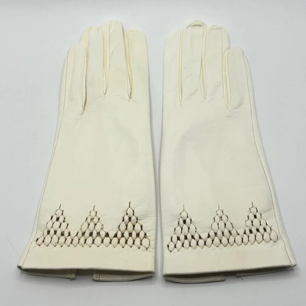 Vintage Cream Kid‎ Leather Gloves Lattice Cutout Cuff Mid Century White Ivory